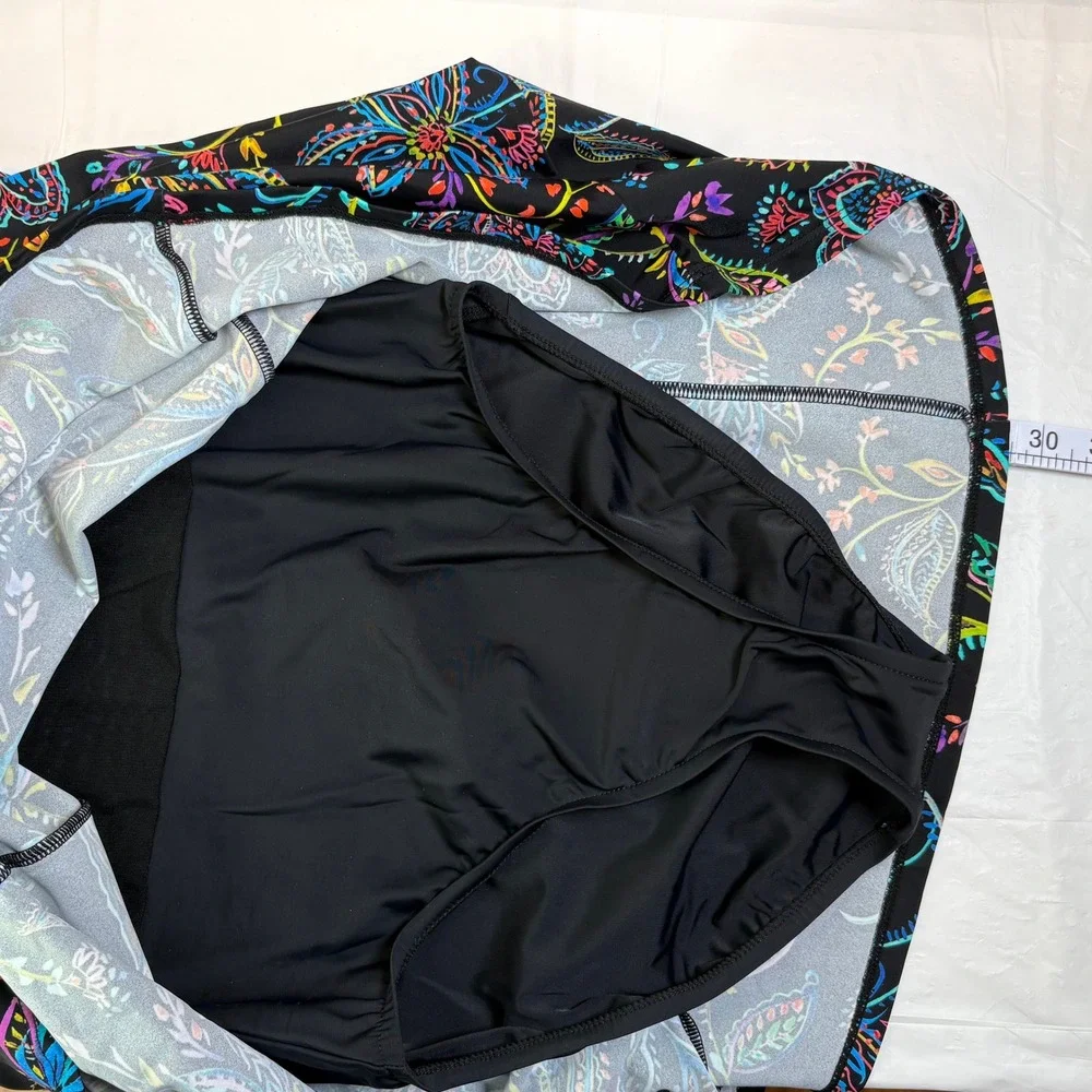 Womens Floral‎ Swim Dress Black Multicolor Adjustable Straps Empire Waist NWOT